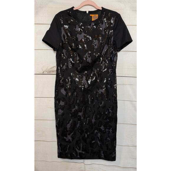 Tory Burch Size 10 Dress Black Short Sleeves Sequin Designs Chic Classy - Picture 1 of 5
